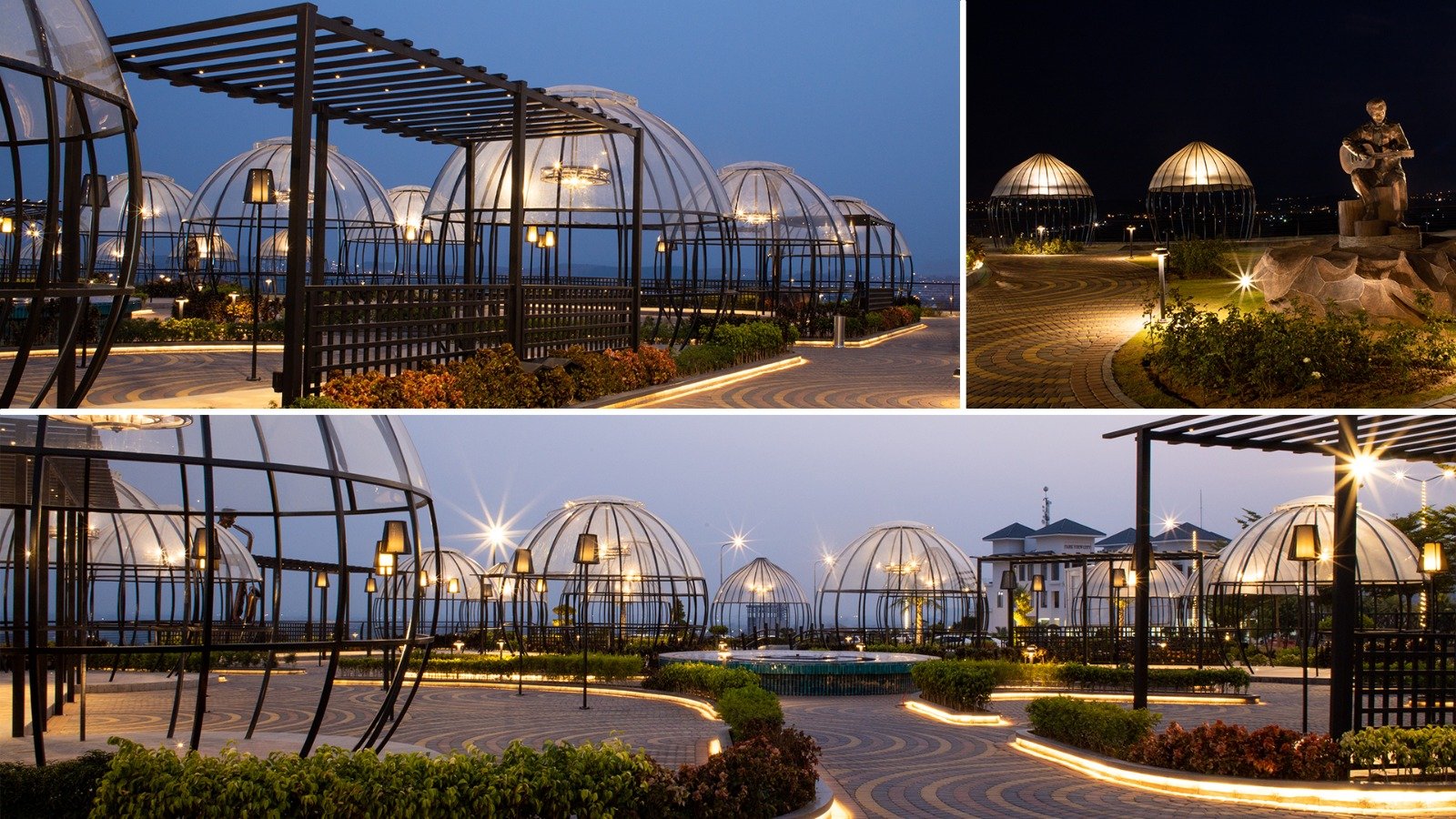 The illuminated promenade and dining pavilions, already built on site