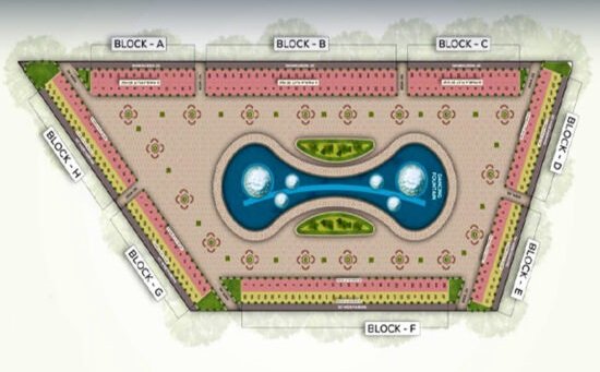 Downtown site plan showing blocks A to H around the central dancing fountain